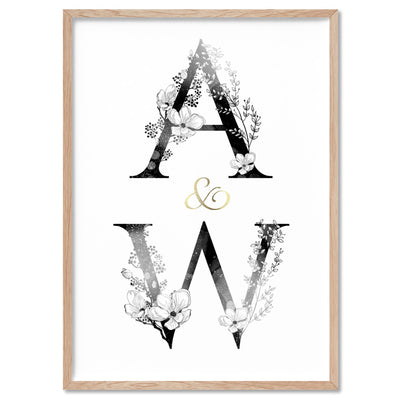 Custom Personalised Floral Watercolour Initials - Art Print, Poster, Stretched Canvas, or Framed Wall Art Print, shown in a natural timber frame