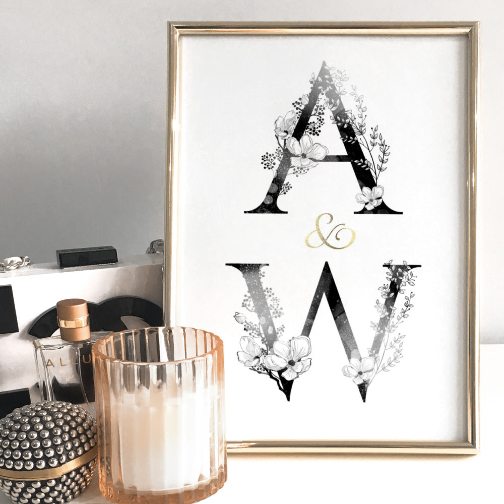 Custom Personalised Floral Watercolour Initials - Art Print, Poster, Stretched Canvas or Framed Wall Art Prints, shown framed in a room