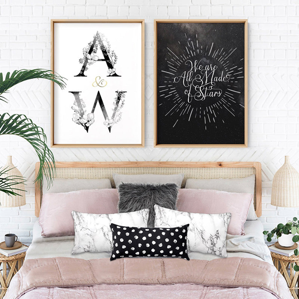 Custom Personalised Floral Watercolour Initials - Art Print, Poster, Stretched Canvas or Framed Wall Art, Close up View of Print Resolution