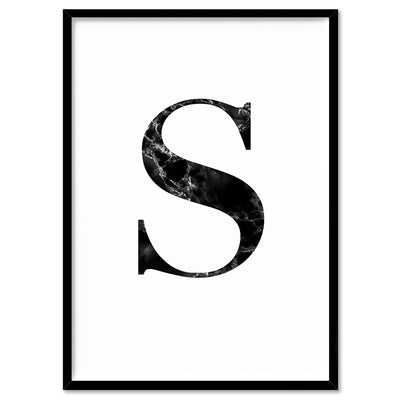 Custom Personalised Black Marble Initial - Art Print, Poster, Stretched Canvas, or Framed Wall Art Print, shown in a black frame
