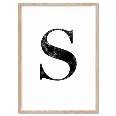 Custom Personalised Black Marble Initial - Art Print, Poster, Stretched Canvas, or Framed Wall Art Print, shown in a natural timber frame
