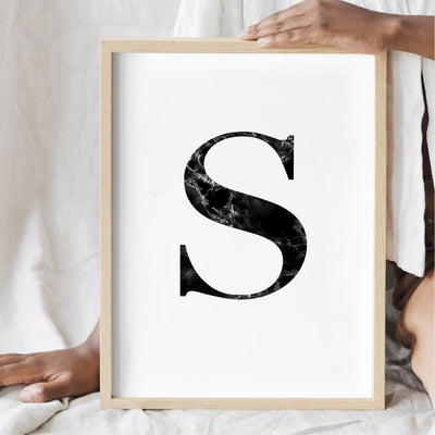 Custom Personalised Black Marble Initial - Art Print, Poster, Stretched Canvas or Framed Wall Art Prints, shown framed in a room