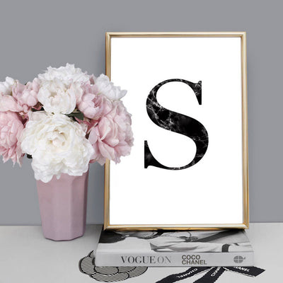 Custom Personalised Black Marble Initial - Art Print, Poster, Stretched Canvas or Framed Wall Art, shown framed in a home interior space
