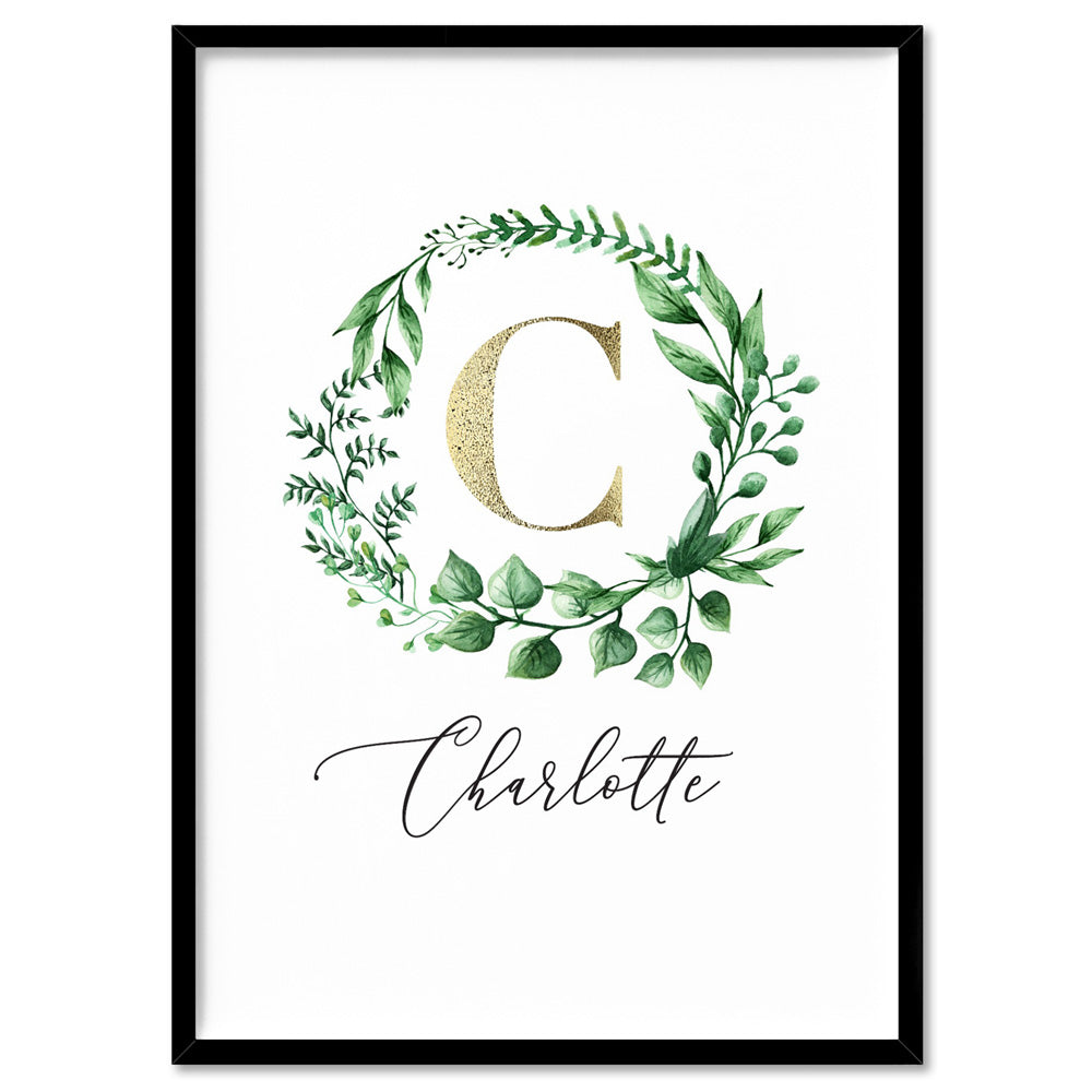 Custom Kids / Baby Initial & Name, in Natural Wreath (faux look foil) - Art Print, Poster, Stretched Canvas, or Framed Wall Art Print, shown in a black frame