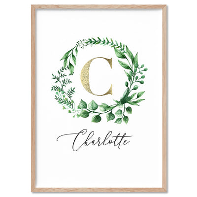 Custom Kids / Baby Initial & Name, in Natural Wreath (faux look foil) - Art Print, Poster, Stretched Canvas, or Framed Wall Art Print, shown in a natural timber frame