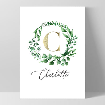 Custom Kids / Baby Initial & Name, in Natural Wreath (faux look foil) - Art Print, Poster, Stretched Canvas, or Framed Wall Art Print, shown as a stretched canvas or poster without a frame