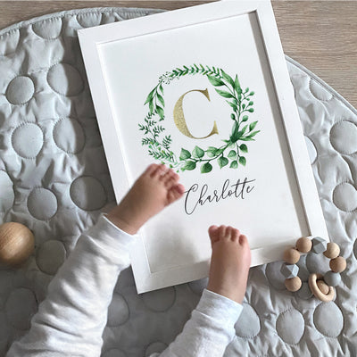 Custom Kids / Baby Initial & Name, in Natural Wreath (faux look foil) - Art Print, Poster, Stretched Canvas or Framed Wall Art Prints, shown framed in a room