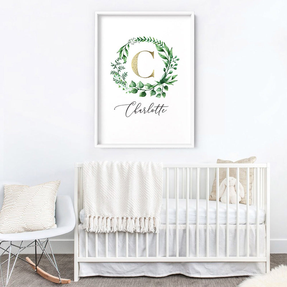 Custom Kids / Baby Initial & Name, in Natural Wreath (faux look foil) - Art Print, Poster, Stretched Canvas or Framed Wall Art, shown framed in a home interior space
