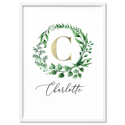 Custom Kids / Baby Initial & Name, in Natural Wreath (faux look foil) - Art Print, Poster, Stretched Canvas, or Framed Wall Art Print, shown in a white frame