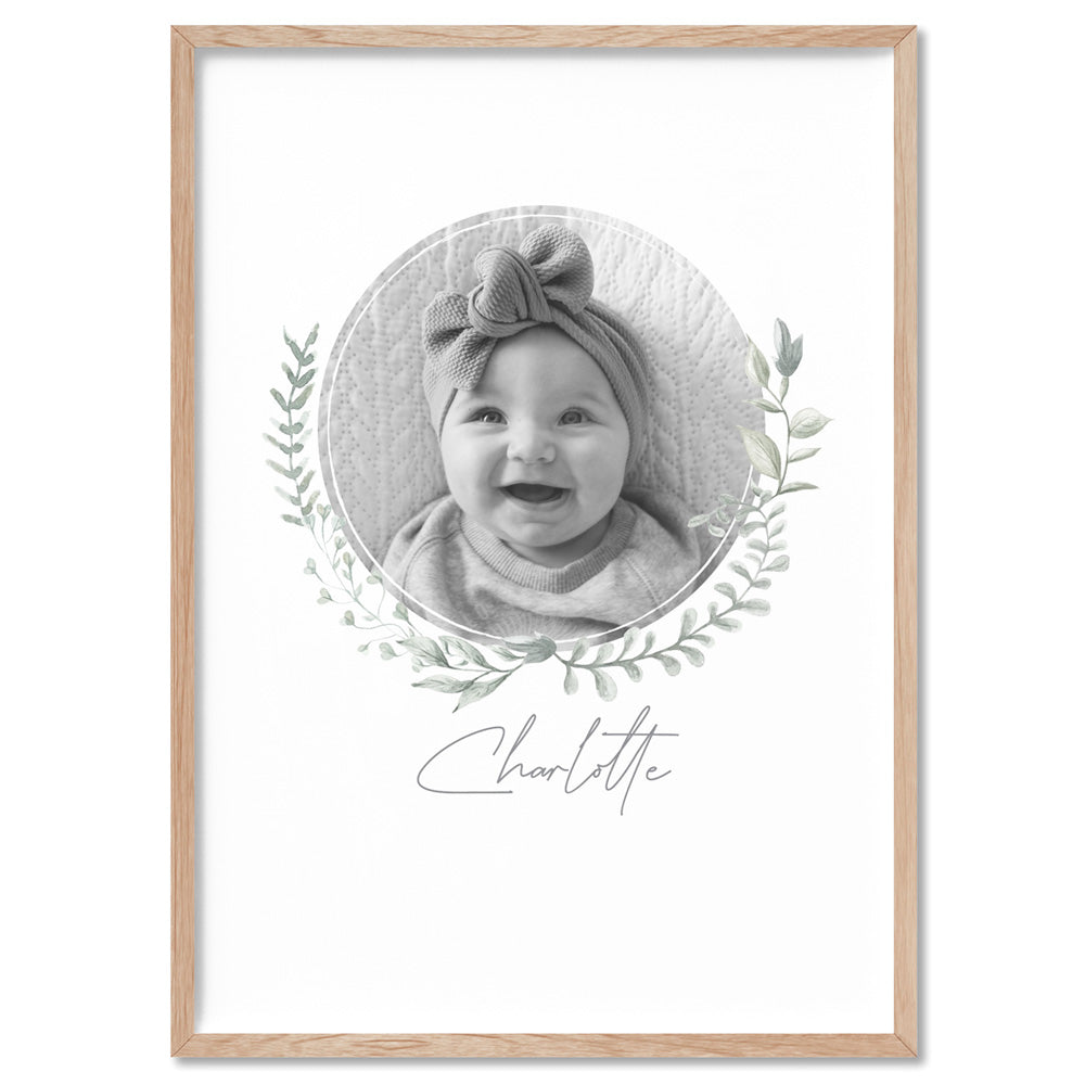 Custom Kids / Baby Photo & Name Design - Art Print, Poster, Stretched Canvas, or Framed Wall Art Print, shown in a natural timber frame