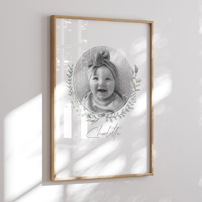 Custom Kids / Baby Photo & Name Design - Art Print, Poster, Stretched Canvas or Framed Wall Art Prints, shown framed in a room