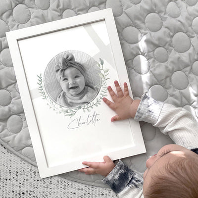 Custom Kids / Baby Photo & Name Design - Art Print, Poster, Stretched Canvas or Framed Wall Art, shown framed in a home interior space