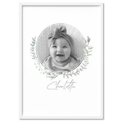 Custom Kids / Baby Photo & Name Design - Art Print, Poster, Stretched Canvas, or Framed Wall Art Print, shown in a white frame
