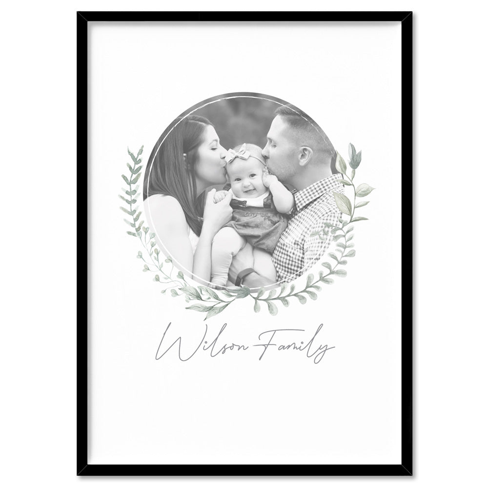 Custom Family Photo & Name Design - Art Print, Poster, Stretched Canvas, or Framed Wall Art Print, shown in a black frame
