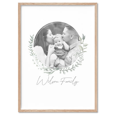 Custom Family Photo & Name Design - Art Print, Poster, Stretched Canvas, or Framed Wall Art Print, shown in a natural timber frame