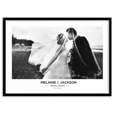 Custom Wedding Photo Design Landscape - Art Print, Poster, Stretched Canvas, or Framed Wall Art Print, shown in a black frame