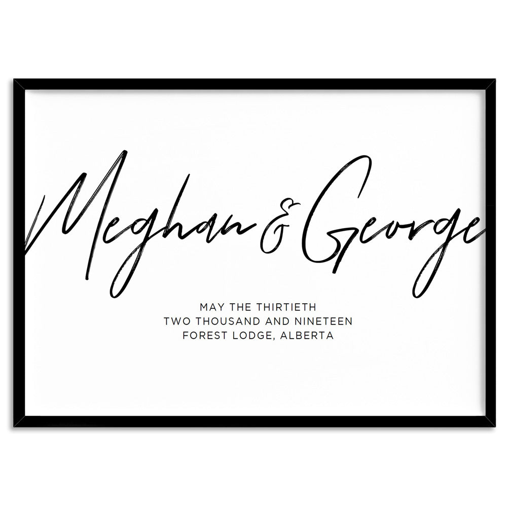 Custom Couple Names in Script - Art Print, Poster, Stretched Canvas, or Framed Wall Art Print, shown in a black frame