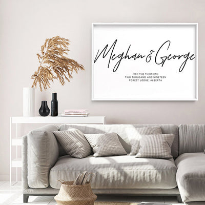 Custom Couple Names in Script - Art Print, Poster, Stretched Canvas or Framed Wall Art, shown framed in a home interior space