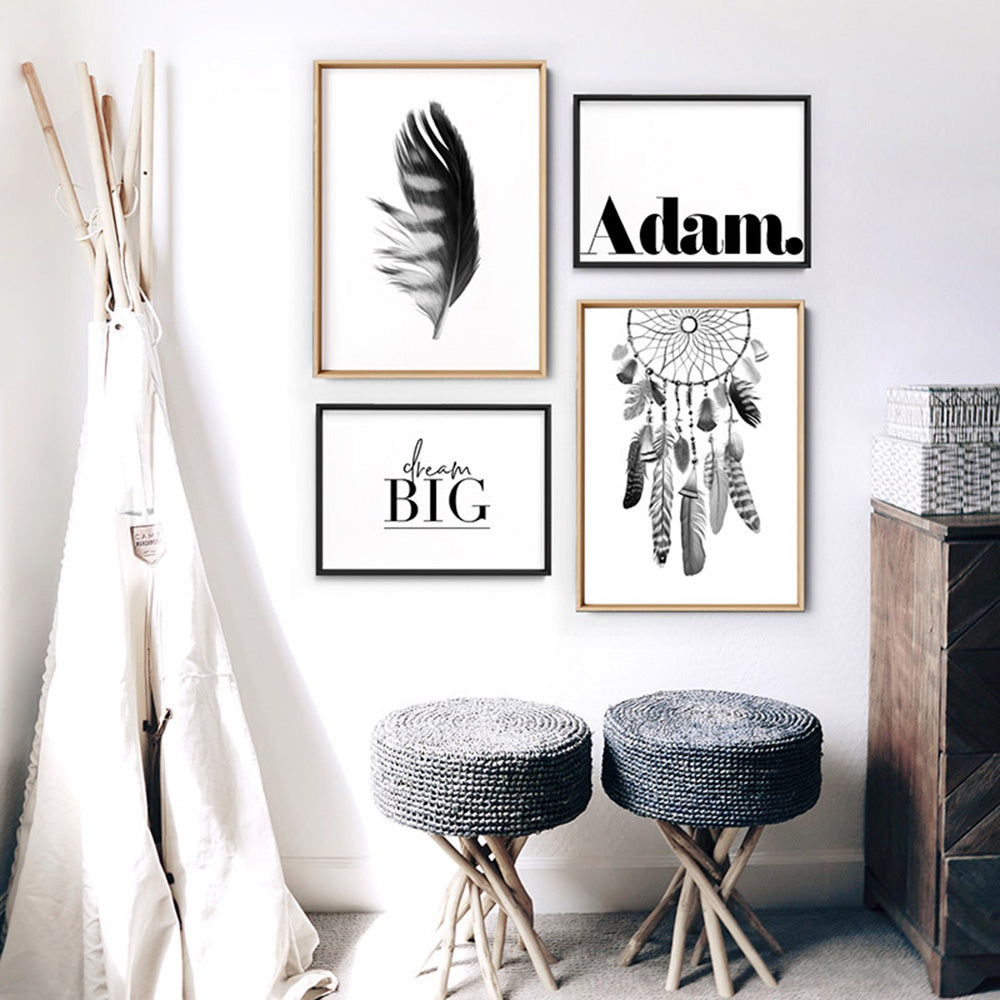 Custom Kids / Baby Name in Black - Art Print, Poster, Stretched Canvas or Framed Wall Art, shown framed in a home interior space