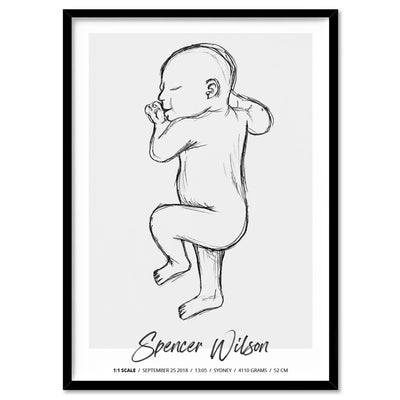 Custom Baby Birth Print - Sketched Style | 50x70cm (20x28" in USA), Poster, Stretched Canvas, or Framed Wall Art Print, shown in a black frame