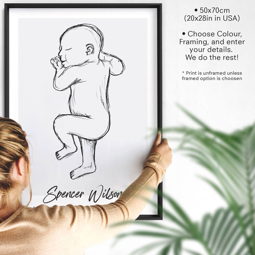 Custom Baby Birth Print - Sketched Style | 50x70cm (20x28" in USA), Poster, Stretched Canvas or Framed Wall Art, shown framed in a home interior space