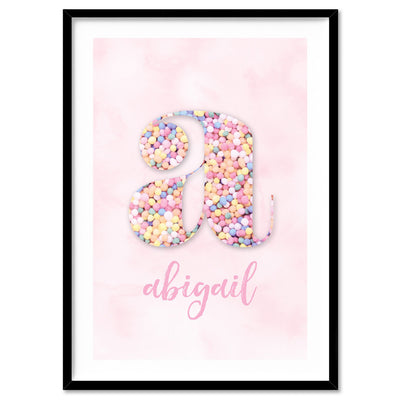Custom Kids Pastel Sprinkles | Initial & Name  - Art Print, Poster, Stretched Canvas, or Framed Wall Art Print, shown in a black frame