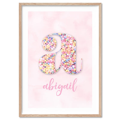 Custom Kids Pastel Sprinkles | Initial & Name  - Art Print, Poster, Stretched Canvas, or Framed Wall Art Print, shown in a natural timber frame