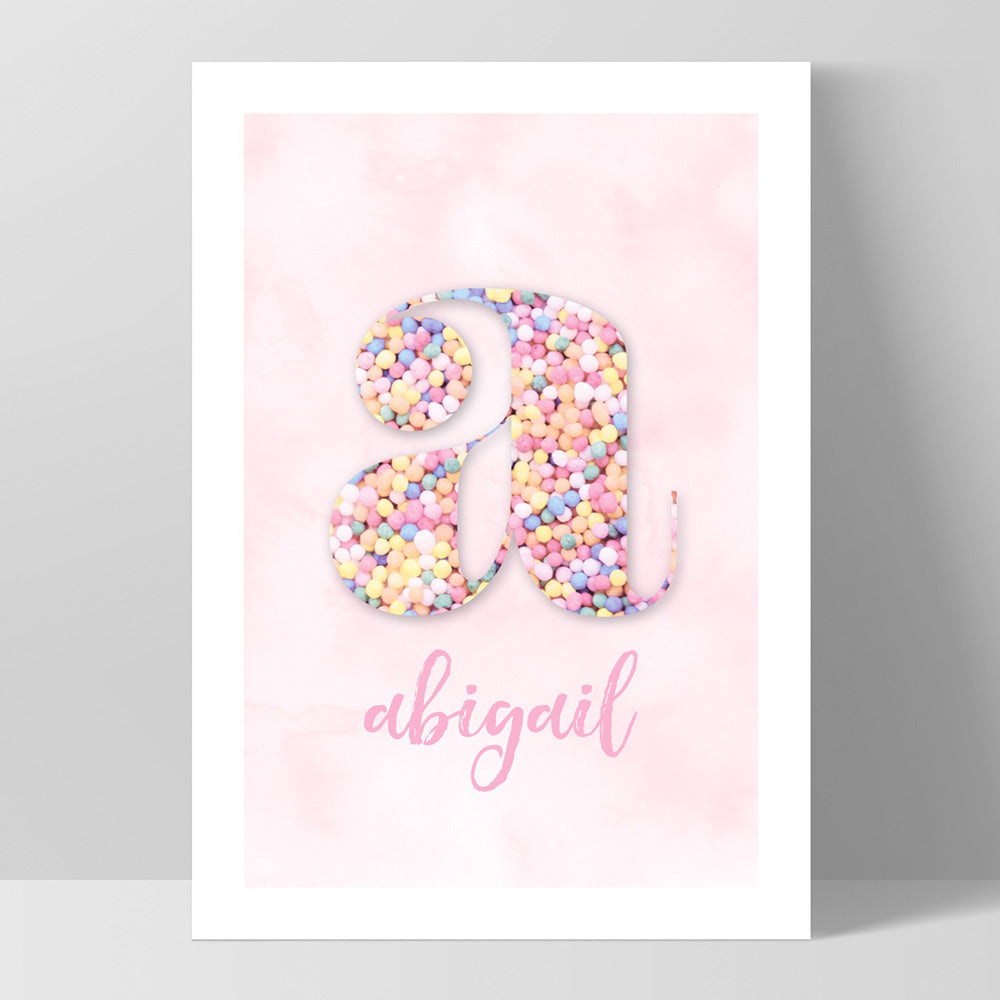 Custom Kids Pastel Sprinkles | Initial & Name  - Art Print, Poster, Stretched Canvas, or Framed Wall Art Print, shown as a stretched canvas or poster without a frame