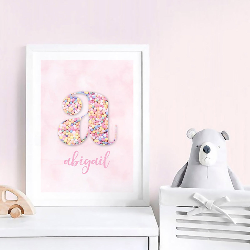 Custom Kids Pastel Sprinkles | Initial & Name  - Art Print, Poster, Stretched Canvas or Framed Wall Art Prints, shown framed in a room
