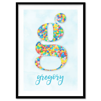 Custom Kids Bright Sprinkles | Initial & Name  - Art Print, Poster, Stretched Canvas, or Framed Wall Art Print, shown in a black frame