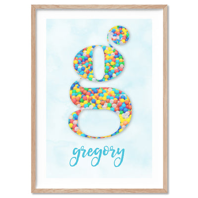 Custom Kids Bright Sprinkles | Initial & Name  - Art Print, Poster, Stretched Canvas, or Framed Wall Art Print, shown in a natural timber frame