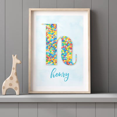 Custom Kids Bright Sprinkles | Initial & Name  - Art Print, Poster, Stretched Canvas or Framed Wall Art Prints, shown framed in a room