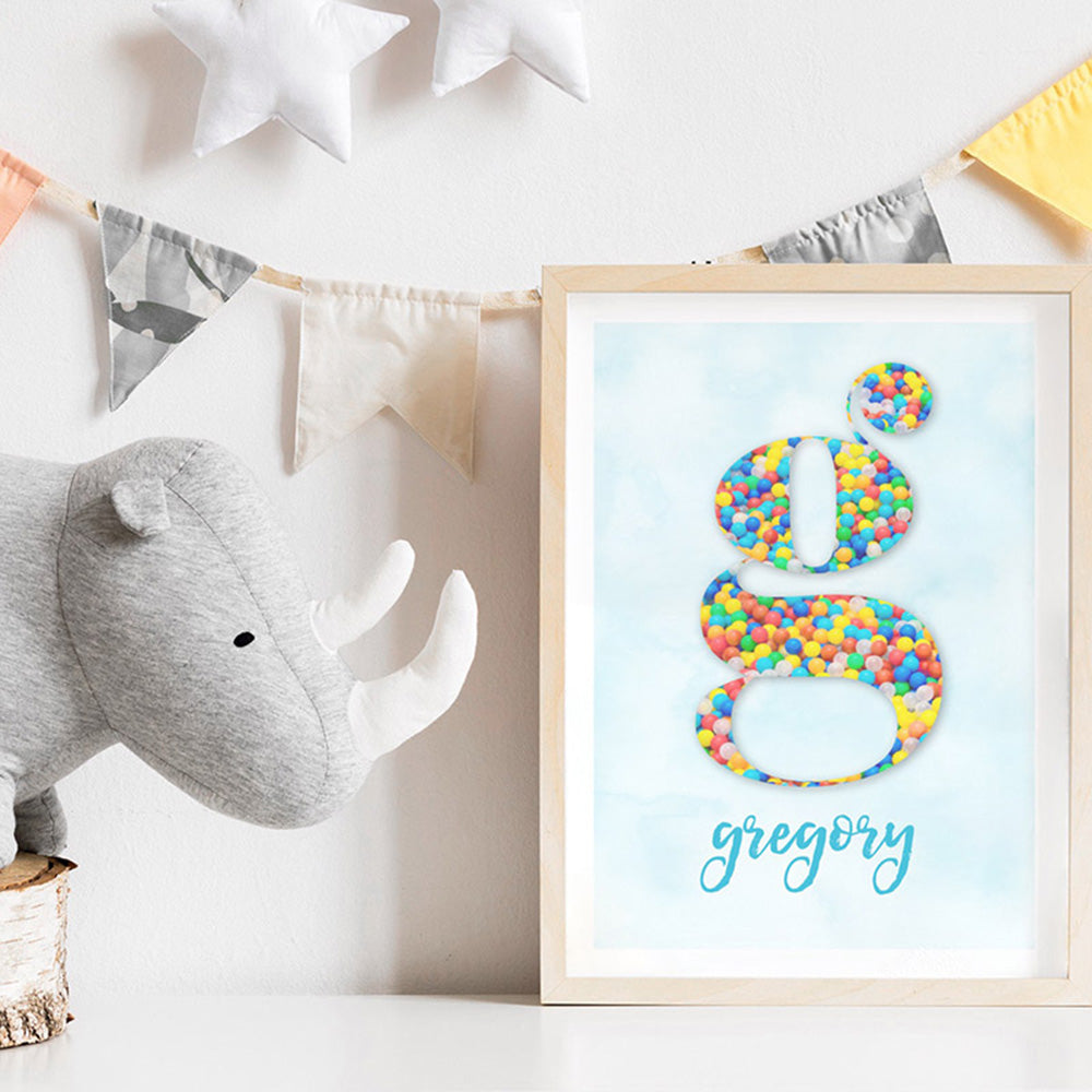 Custom Kids Bright Sprinkles | Initial & Name  - Art Print, Poster, Stretched Canvas or Framed Wall Art, shown framed in a home interior space