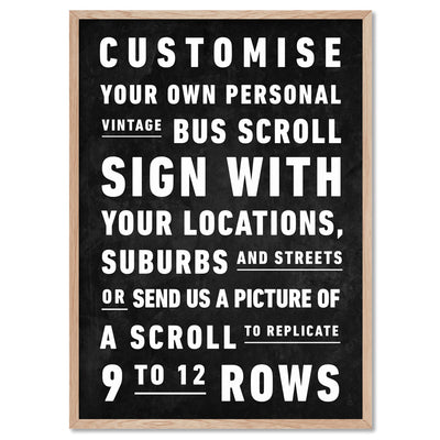 Custom Personalised Bus Scroll Sign - Art Print, Poster, Stretched Canvas, or Framed Wall Art Print, shown in a natural timber frame