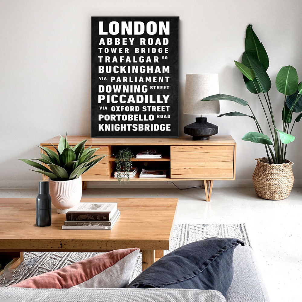 Custom Personalised Bus Scroll Sign - Art Print, Poster, Stretched Canvas or Framed Wall Art Prints, shown framed in a room