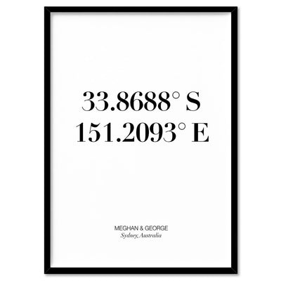 Custom Personalised GPS Coordinates - Art Print, Poster, Stretched Canvas, or Framed Wall Art Print, shown in a black frame