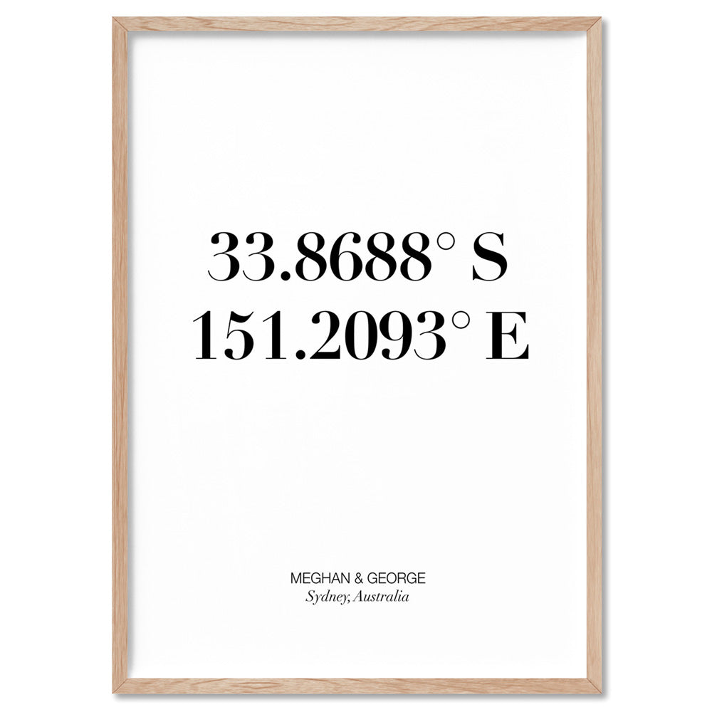 Custom Personalised GPS Coordinates - Art Print, Poster, Stretched Canvas, or Framed Wall Art Print, shown in a natural timber frame