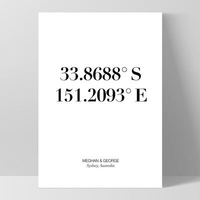 Custom Personalised GPS Coordinates - Art Print, Poster, Stretched Canvas, or Framed Wall Art Print, shown as a stretched canvas or poster without a frame