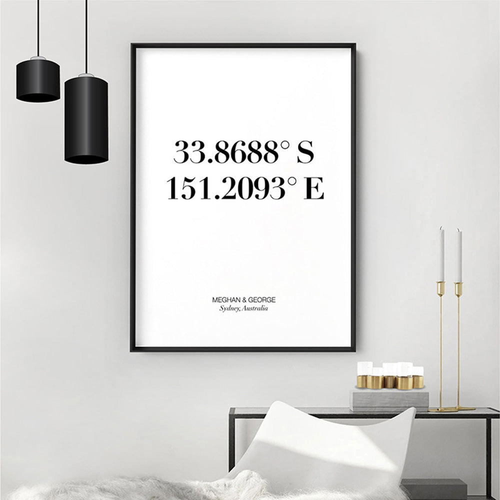 Custom Personalised GPS Coordinates - Art Print, Poster, Stretched Canvas or Framed Wall Art, shown framed in a home interior space