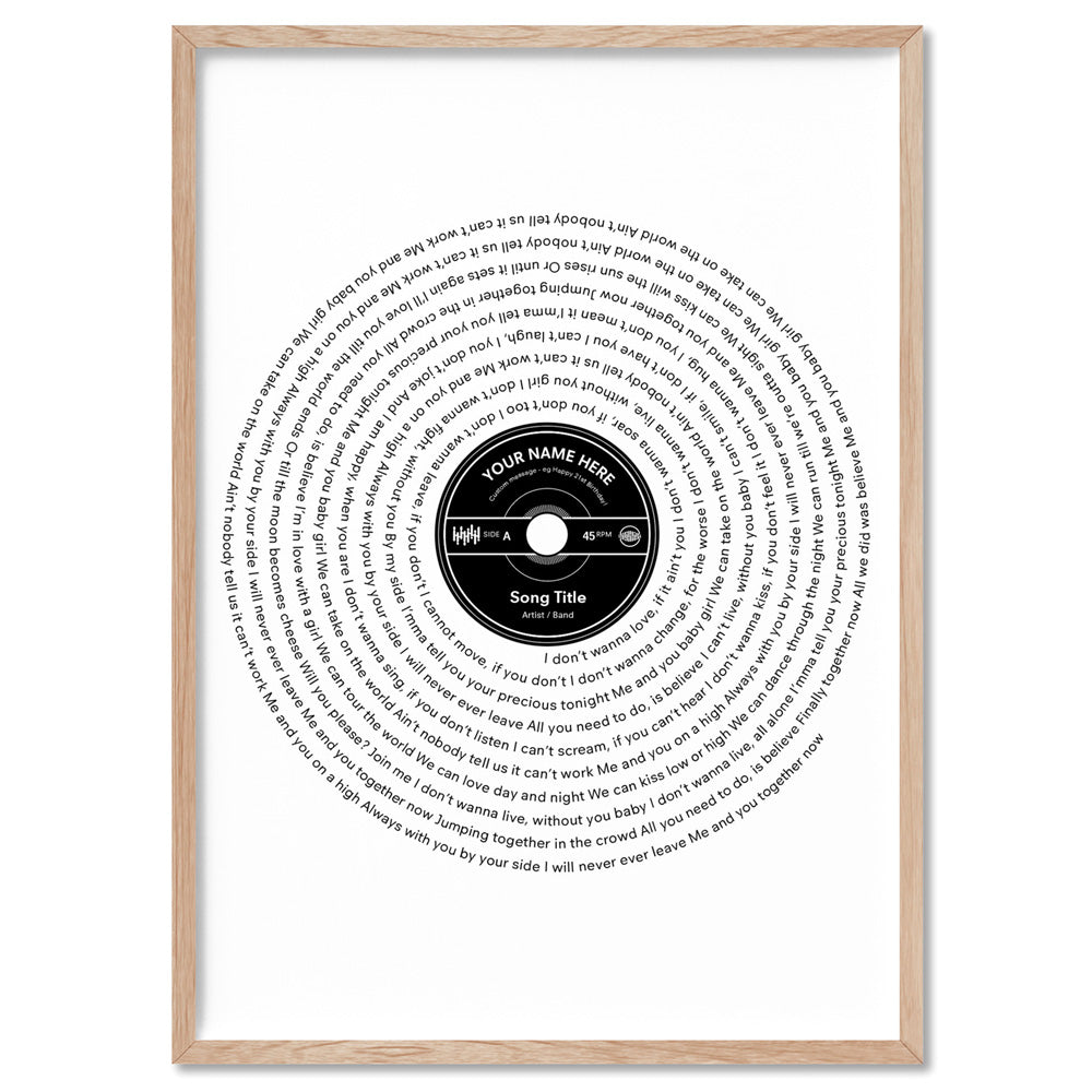 Custom Lyrics Vinyl Record Style. Favourite Song - Art Print, Poster, Stretched Canvas, or Framed Wall Art Print, shown in a natural timber frame