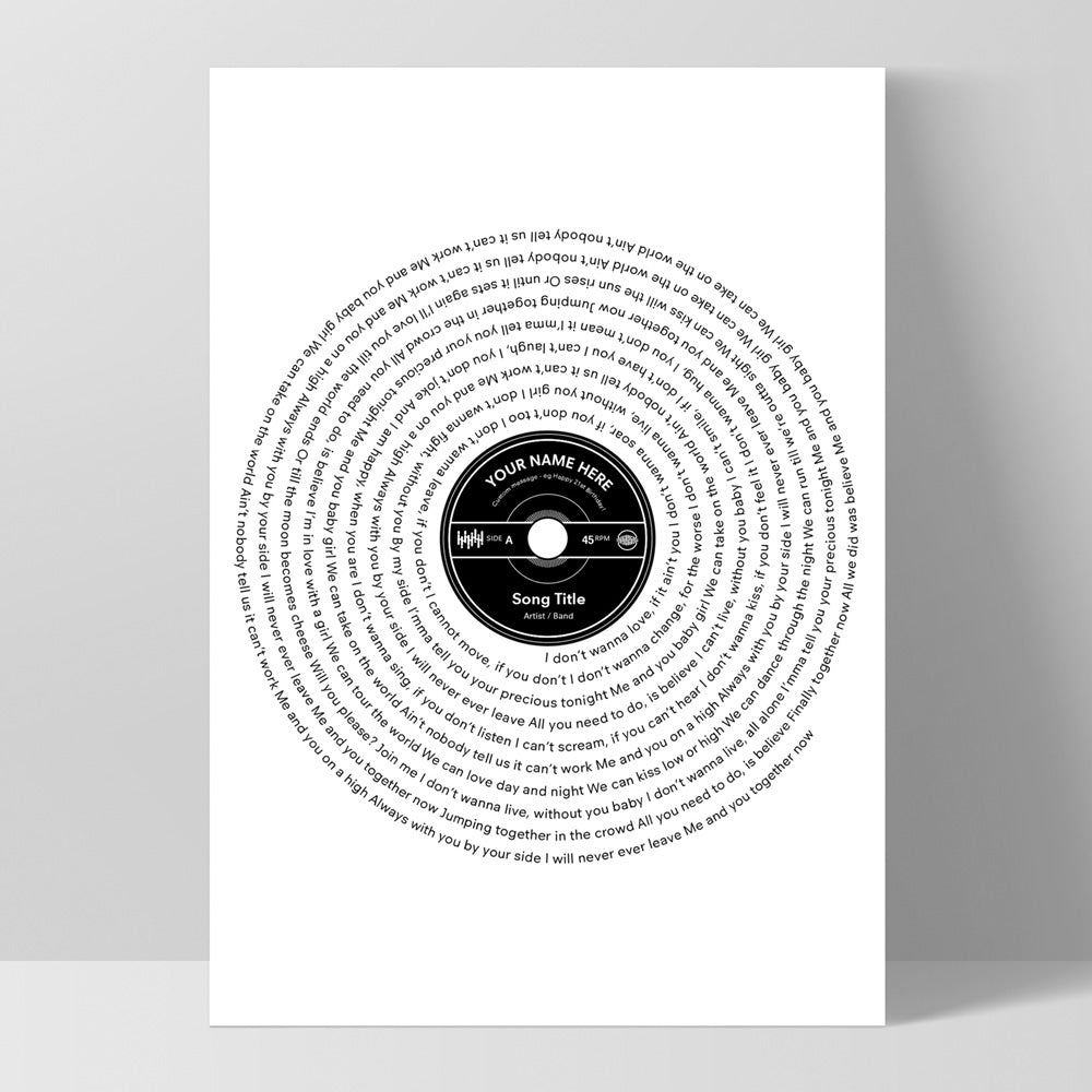 Custom Lyrics Vinyl Record Style. Favourite Song - Art Print, Poster, Stretched Canvas, or Framed Wall Art Print, shown as a stretched canvas or poster without a frame