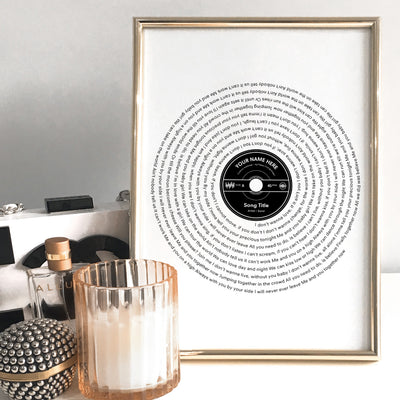 Custom Lyrics Vinyl Record Style. Favourite Song - Art Print, Poster, Stretched Canvas or Framed Wall Art Prints, shown framed in a room