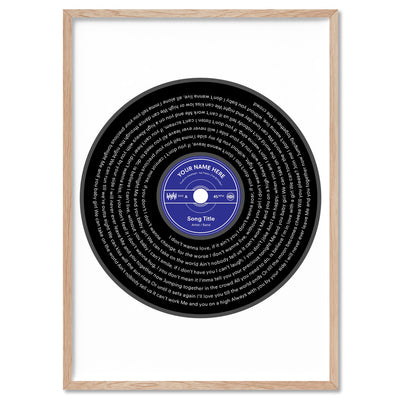 Custom Lyrics Vinyl Record Style. Favourite Song | Black + Your Colour - Art Print, Poster, Stretched Canvas, or Framed Wall Art Print, shown in a natural timber frame