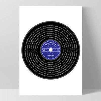 Custom Lyrics Vinyl Record Style. Favourite Song | Black + Your Colour - Art Print, Poster, Stretched Canvas, or Framed Wall Art Print, shown as a stretched canvas or poster without a frame