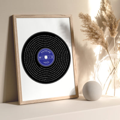 Custom Lyrics Vinyl Record Style. Favourite Song | Black + Your Colour - Art Print, Poster, Stretched Canvas or Framed Wall Art Prints, shown framed in a room