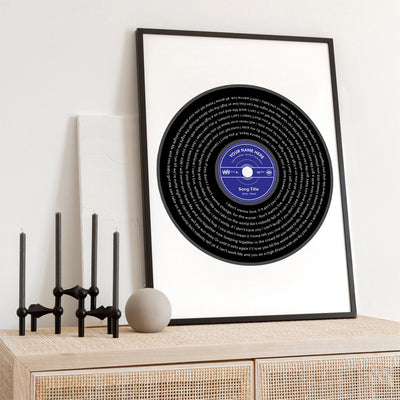Custom Lyrics Vinyl Record Style. Favourite Song | Black + Your Colour - Art Print, Poster, Stretched Canvas or Framed Wall Art, shown framed in a home interior space