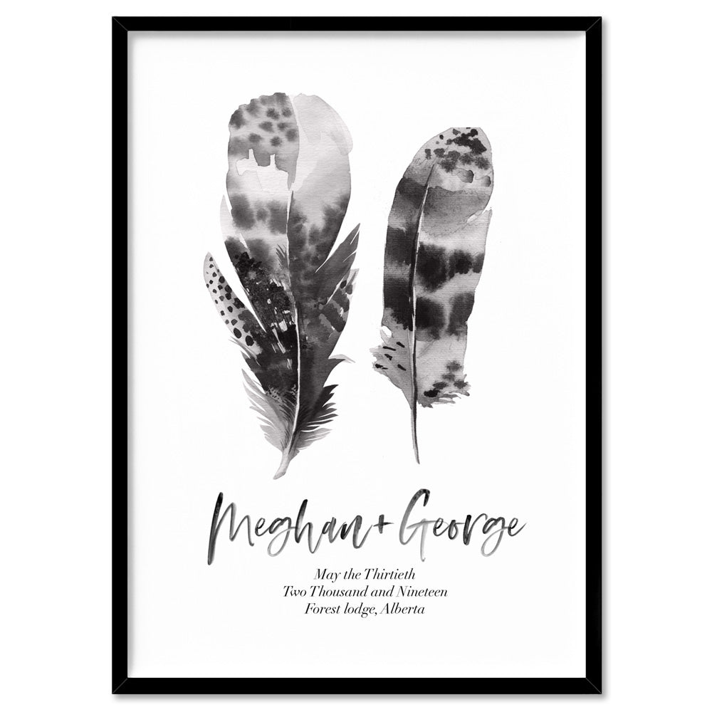 Custom Couple Feathers - Art Print, Poster, Stretched Canvas, or Framed Wall Art Print, shown in a black frame