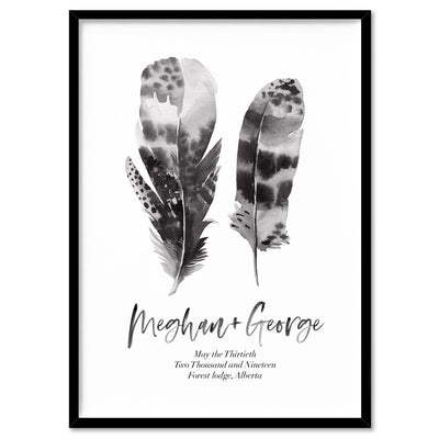 Custom Couple Feathers - Art Print, Poster, Stretched Canvas, or Framed Wall Art Print, shown in a black frame