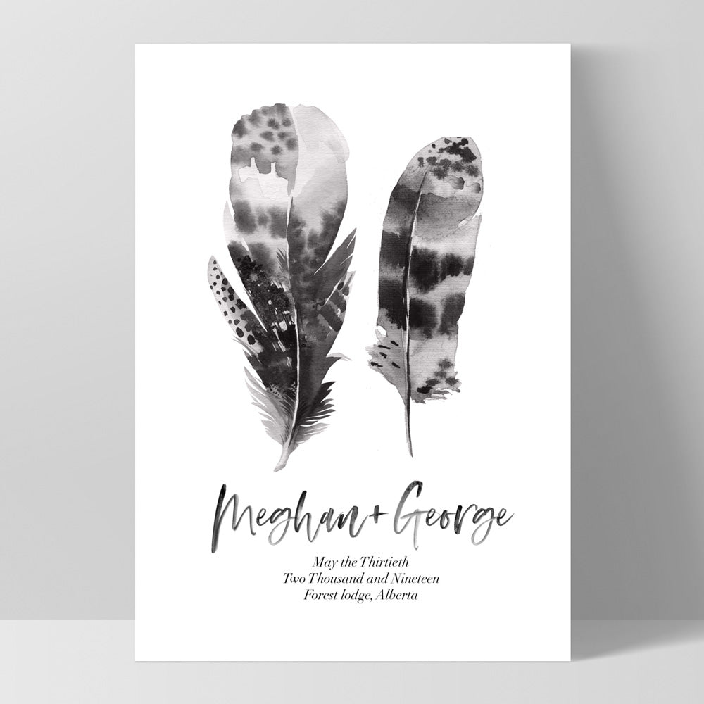 Custom Couple Feathers - Art Print, Poster, Stretched Canvas, or Framed Wall Art Print, shown as a stretched canvas or poster without a frame