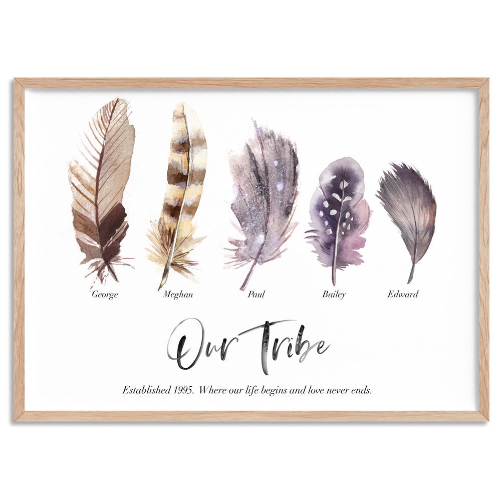 Custom Tribe / Family / Grandchildren Feathers  - Art Print, Poster, Stretched Canvas, or Framed Wall Art Print, shown in a natural timber frame